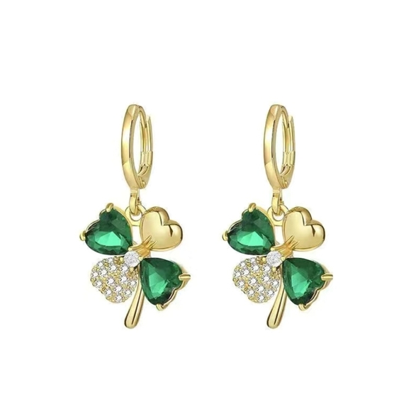 Shamrock Earrings Sterling 925 post NIP Gold Green Rhinestone - Picture 6 of 6